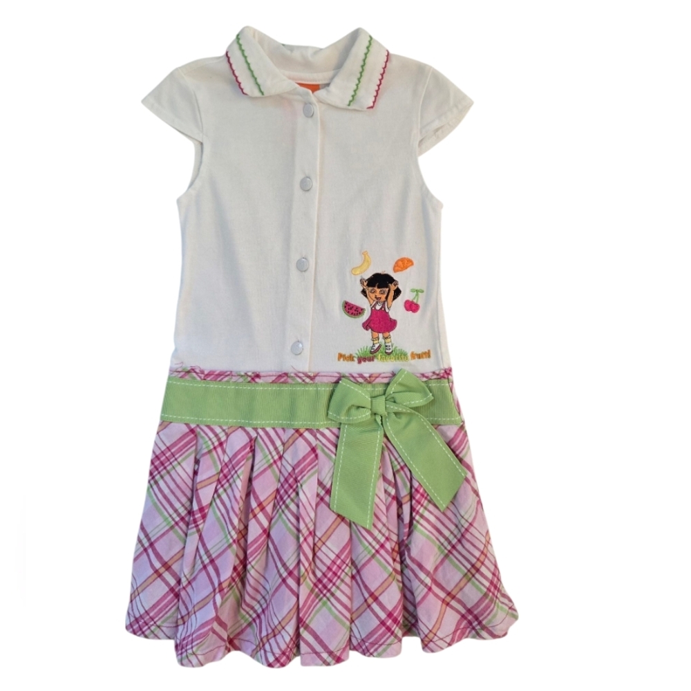 Vintage Y2k 2008 Nickelodeon Dora The Explorer White and Pink Plaid Fruit Dress